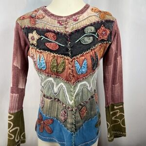 KPC Woman's Patchwork Appliqué Bohemian Festival Top Large‎ Stitch Size Small